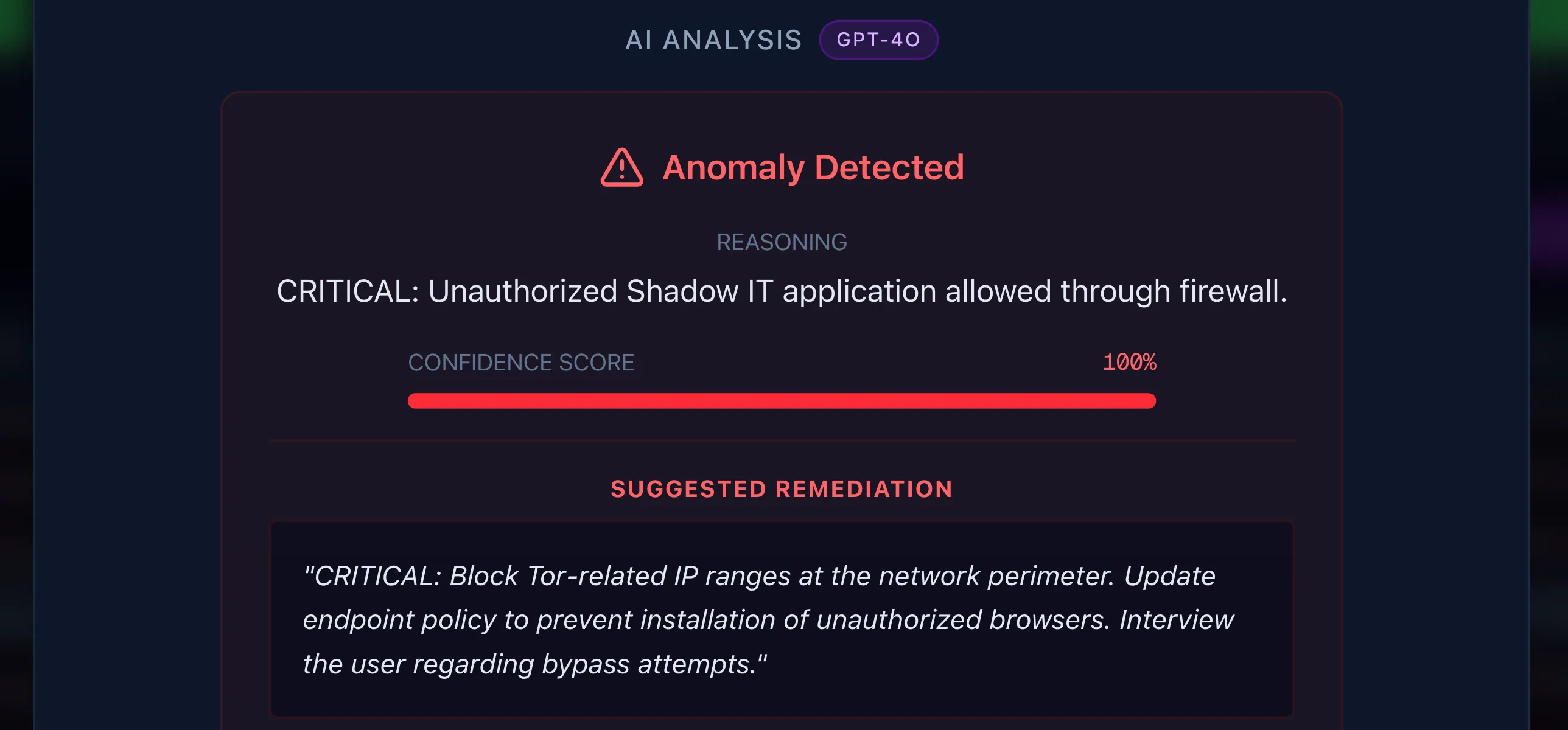 SignalTraceAI anomaly detail modal showing AI reasoning, confidence score, and remediation